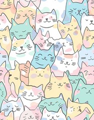 Seamless doodle cat pattern illustration. Cartoon style pastel color kittens. High quality AI generated image