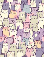 Seamless doodle cat pattern illustration. Cartoon style pastel color kittens. High quality AI generated image