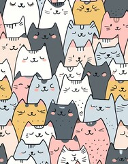 Wall Mural - Seamless doodle cat pattern illustration. Cartoon style pastel color kittens. High quality AI generated image