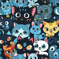 Wall Mural - Seamless Pattern with Cute Cat colorful Illustration Design Background. Cute cartoon style cat pattern. High quality AI generated image