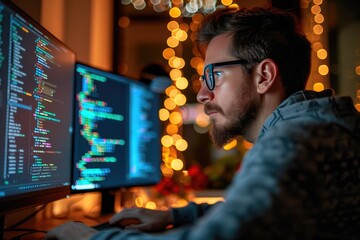 Man Coding Cyber Security Script in Modern Office