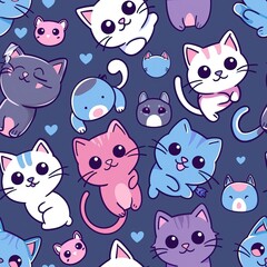 Wall Mural - Seamless Pattern with Cute Cat colorful Illustration Design Background. Cute cartoon style cat pattern. High quality AI generated image