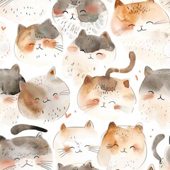Seamless Pattern with Hand Drawn Cartoon Cat Illustration Design on White Background. Cute kitten pattern. High quality AI generated image