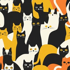 Wall Mural - Seamless doodle cat pattern illustration. Cartoon style colorful kittens. High quality AI generated image