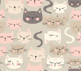 Naklejka na meble Cute seamless pattern with pretty kittens. Great for baby fabric, textile, wallpaper. Cats. Cat cartoon style. Pastel Colors. High quality AI generated image