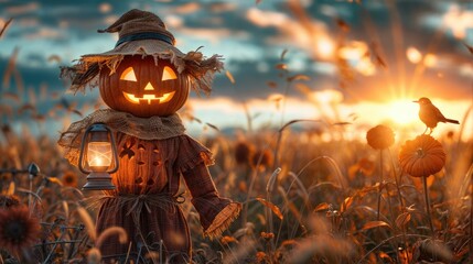 An ominous scarecrow with a pumpkin head, clutching a lantern, standing in a field with a raven. An eerie sunset creates the perfect Halloween horror scene.