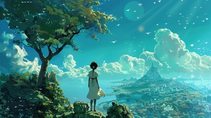 Wall Mural - A Girl Gazing at a Fantasy Cityscape