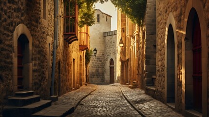  A narrow street in the medieval city of Carcassonne