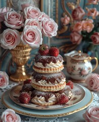 a cake with strawberries and chocolate frosting on a plate