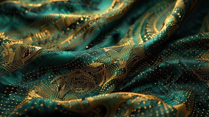 Canvas Print - a close up of a green and gold paisley print fabric