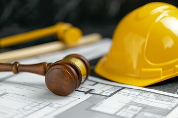 judge's gavel and builder's helmet. concept of construction permit or court for the construction of 