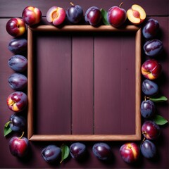 Poster - Fresh purple plum fruits on dark. Frame form with copy space, top view