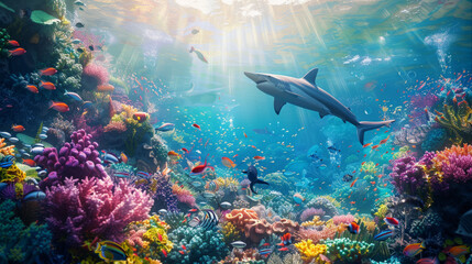 A colorful coral reef with various fish swimming around, 