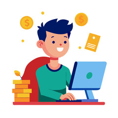 Happy Young Asian Man Working at His Computer and Making Money Online