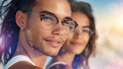 Wall Mural - A man and a woman are wearing glasses and smiling at the camera, night party