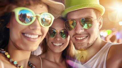 Wall Mural - A group of people wearing sunglasses and hats are smiling for a photo, concert or festival