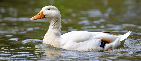 Wall Mural - White Duck Swimming in a Pond