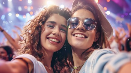 Wall Mural - Two women smiling for a picture, concert or festival