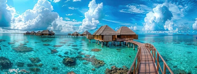 Wall Mural - A stunning view of the Maldives, showcasing clear blue waters and overwater bungalows with wooden walkways leading to them Generative AI