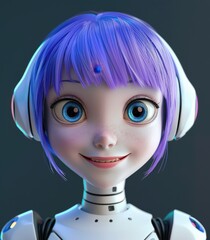 Wall Mural - a robot with purple hair and headphones