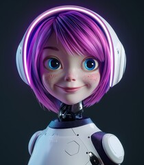 Wall Mural - a robot with purple hair and headphones