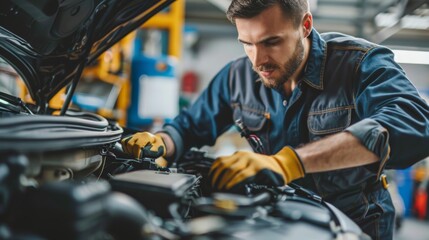 Mechanic Working on Car Engine. Focused mechanic in a workshop, wearing gloves and uniform, working on a car engine with tools.