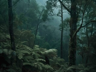 Poster - Misty forest landscape with lush green ferns and tall trees