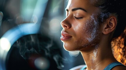 An individual intensely focused on their workout, dripping with sweat, exhaling vapor, capturing the intense energy and commitment in a vibrant gym setting.