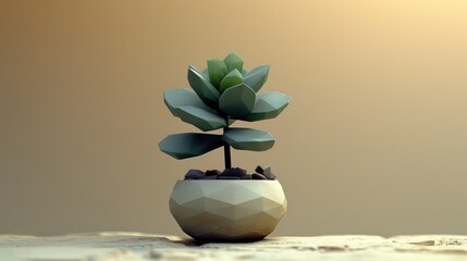 Wall Mural -  A minimalist low-poly illustration of a green cactus, against the backdrop of a beige sky, 