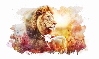 Wall Mural - Jesus Christ: Lamb of Sacrifice, Lion of Triumph. The duality of Jesus. Lion and lamb in the meadow 