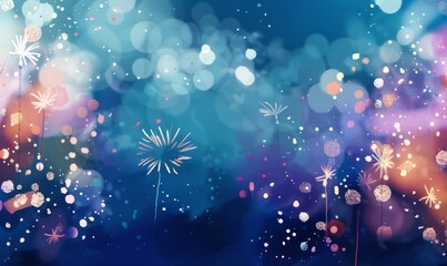 Wall Mural - Long New Year background featuring sparklers and bokeh lights on a dark blue night sky, with 