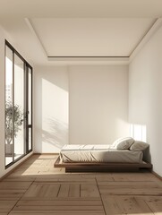 Wall Mural - Minimalist Bedroom Interior with Wooden Furniture and Large Window Overlooking Greenery