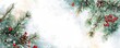 © Tiana_Geo - Watercolor illustration of Christmas frame with pine or spruce branch and red berries in retro style on white background for banner. Flat lay with copy space. New year greeting card.
