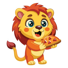 Poster - Charming Lion Feasting on Pizza: Vector Illustration