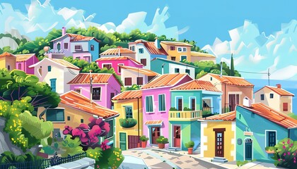 Colorful Houses on a Hillside in a uerope Village on a Sunny Day, cartoon