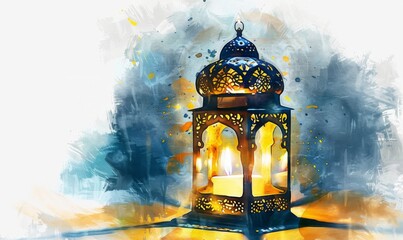 Wall Mural - Ornamental Arabic lantern with burning candle glowing at night. Festive greeting card, invitation for Muslim holy month Ramadan Kareem. Digital illustration, white background, watercolor