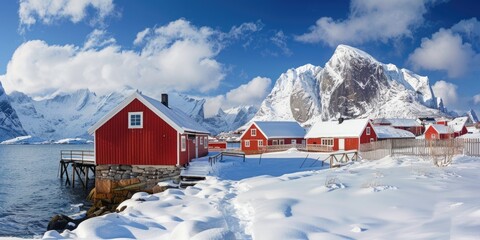 Poster - Island Christmas. Panoramic Winter Landscape of Lofoten Islands with Red Houses by the Norwegian Sea