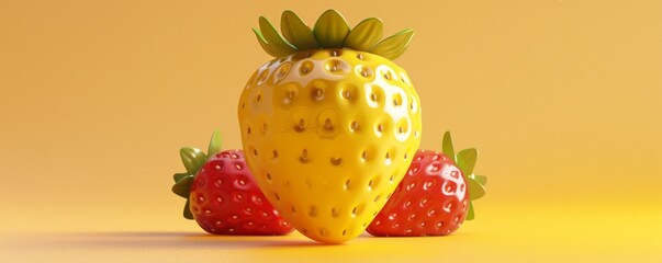 Wall Mural - Colorful yellow and red strawberries on a bright yellow background