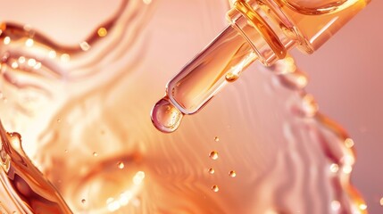 Photograph of cosmetic serum texture with drops on transparent liquid background.