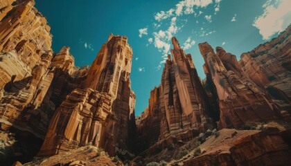 A low angle shot of a dramatic desert canyon with towering rock formations, under a deep blue sky, shot with a Sony A7R IV, wide angle lens, warm earthy tones