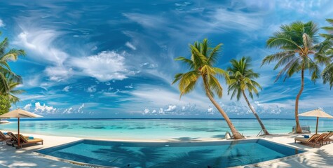 Wall Mural - A panoramic view of the turquoise blue sea and white sandy beach, with palm trees swaying in the breeze at an elegant resort hotel near Maldives island Generative AI