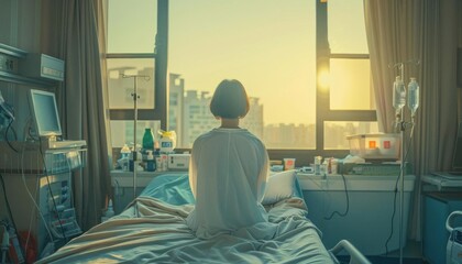 A wide angle shot of a Korean woman sitting on a hospital bed