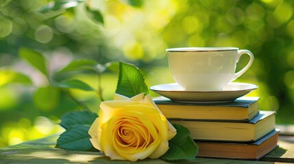 Wall Mural - Books stack white tea cup green background yellow rose garden reading spot space for text