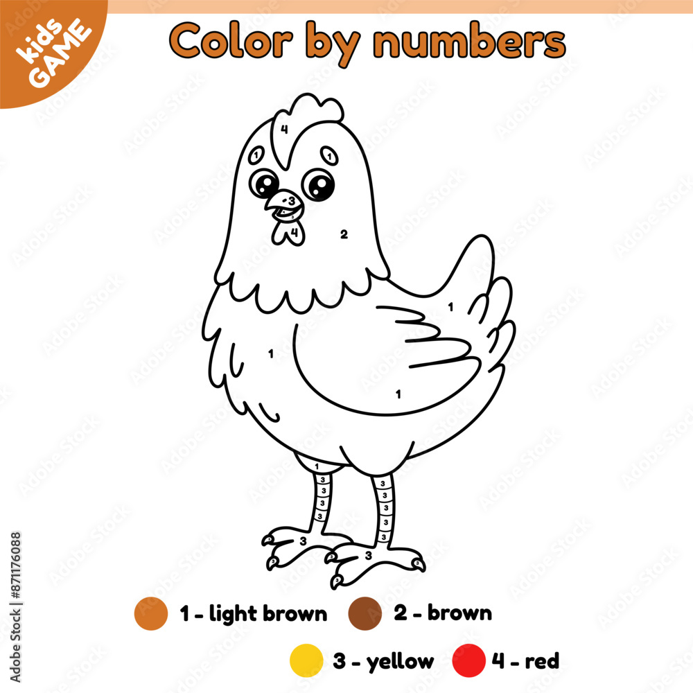 Kids game Color by numbers with cartoon farm chicken. Page of the ...