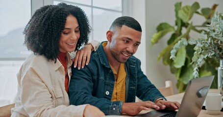 Sticker - Home, planning and couple with documents by laptop for financial investment, application or review. Happy, man and woman with technology by table for mortgage loan, savings budget and online banking