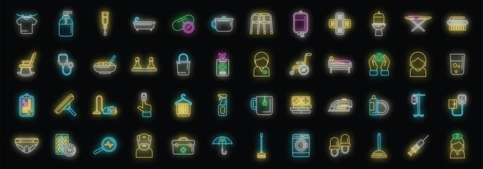 Canvas Print - Home care services icons set outline vector. Care senior. Patient neon color on black