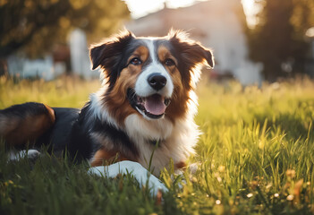 A dog playing in the green