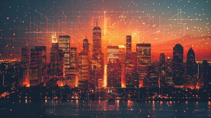 Wall Mural - Cityscape with Digital Network Overlay