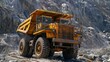 © liliyabatyrova - A large yellow dump truck navigates through a rocky, mountainous terrain. The truck is likely hauling minerals for industrial use, suggesting a bustling mining operation