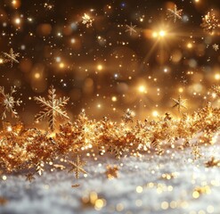 Wall Mural - golden snowflakes and stars with festive sparkles against a warm background